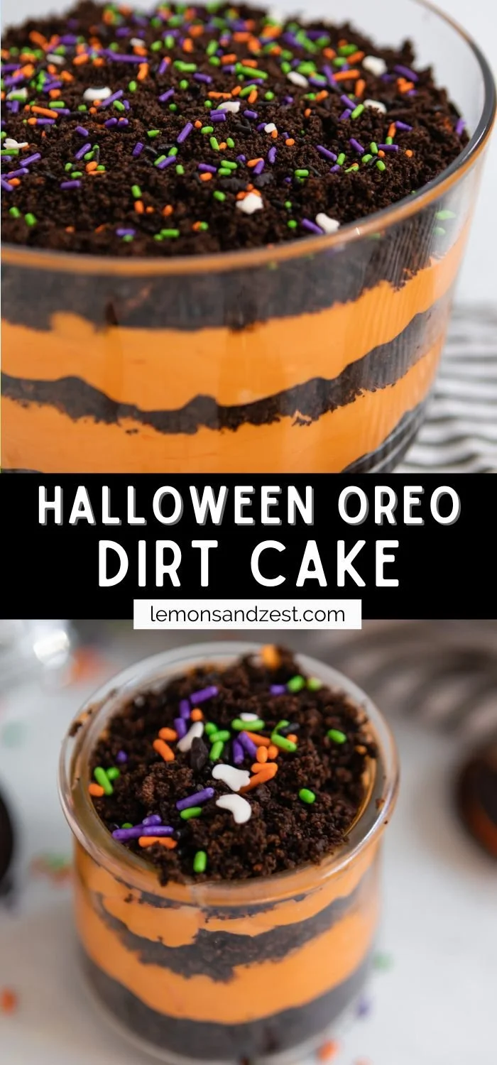 Delicious Halloween Oreo Dirt Cake topped with spooky decorations and crushed Oreos.