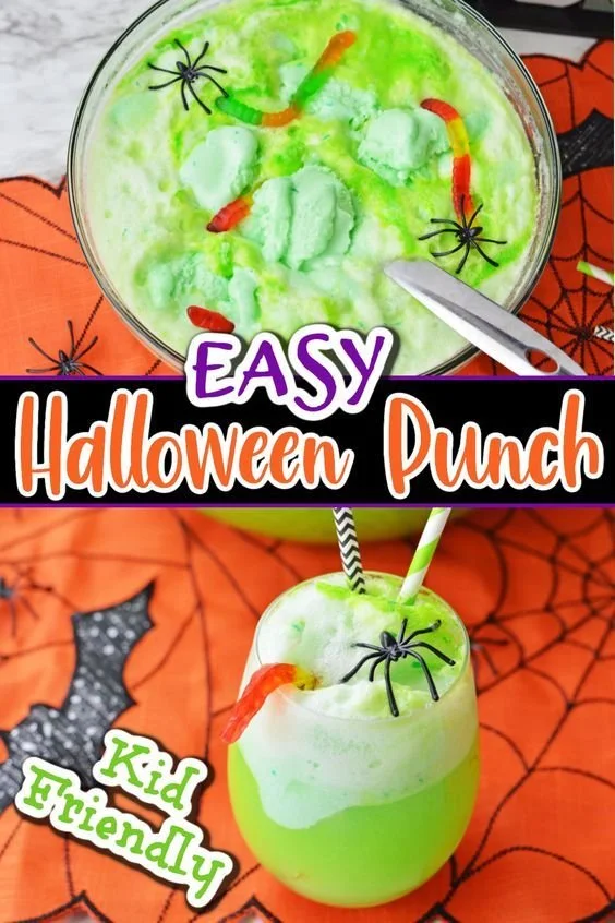 Non-alcoholic Halloween Punch in a festive bowl with spooky decor.