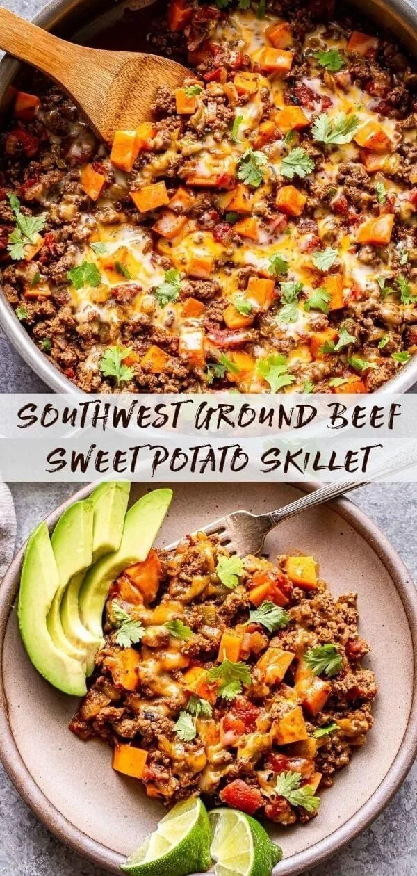 Easy Southwest ground beef and sweet potato skillet served in a dish