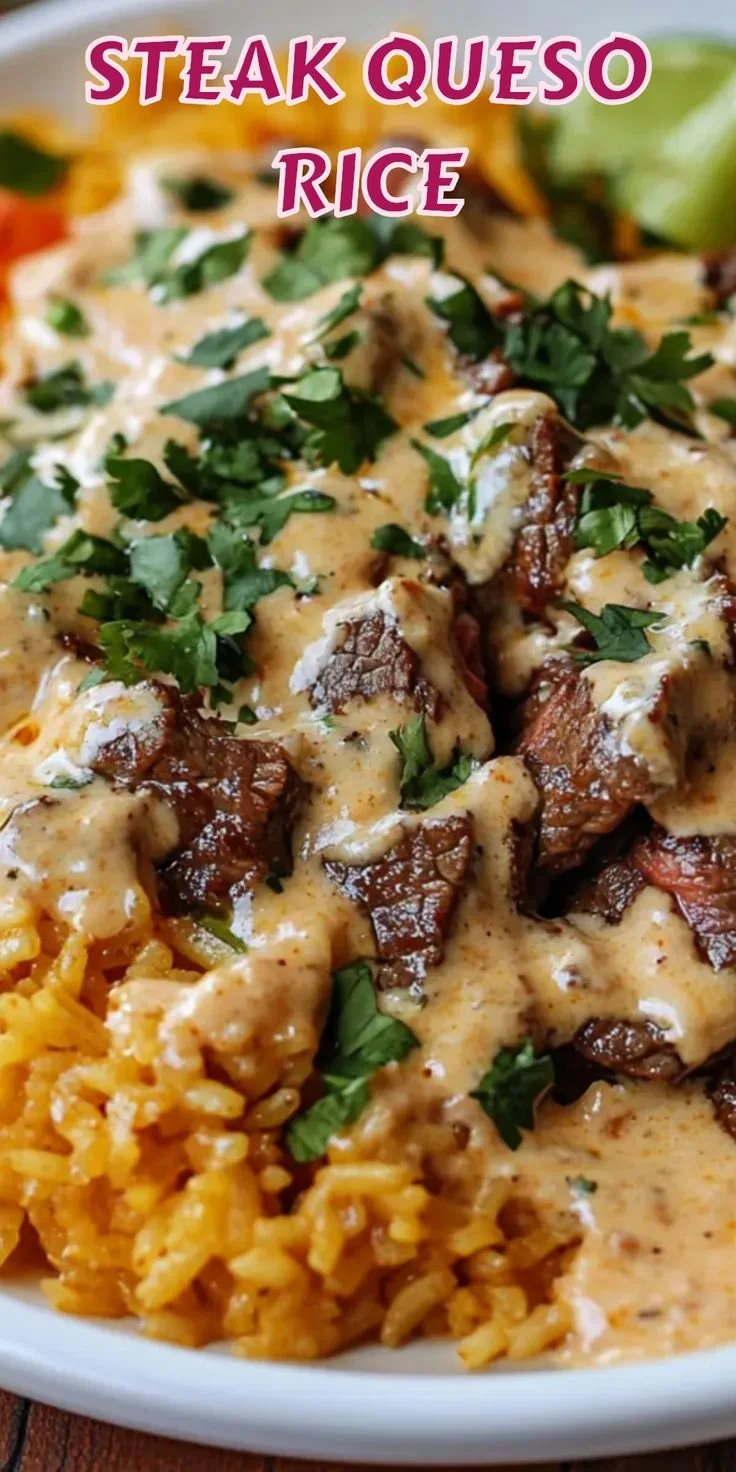 A delicious plate of steak queso rice garnished with fresh cilantro and jalapeños.