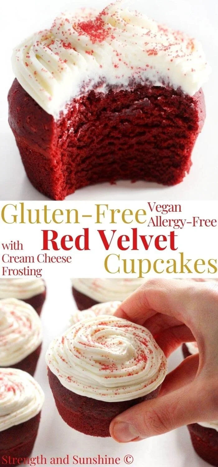 Gluten-free vegan red velvet cupcakes topped with cream cheese frosting