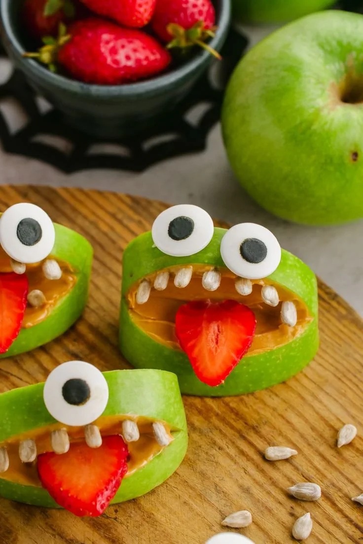 Apple Monster Mouth Halloween treat with candy and fruit