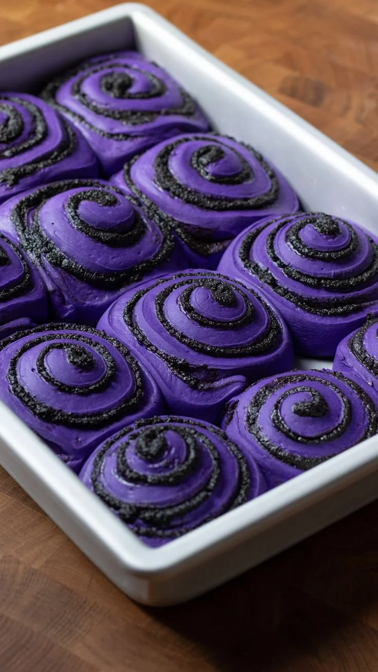 Halloween-themed cinnamon rolls with spooky decorations