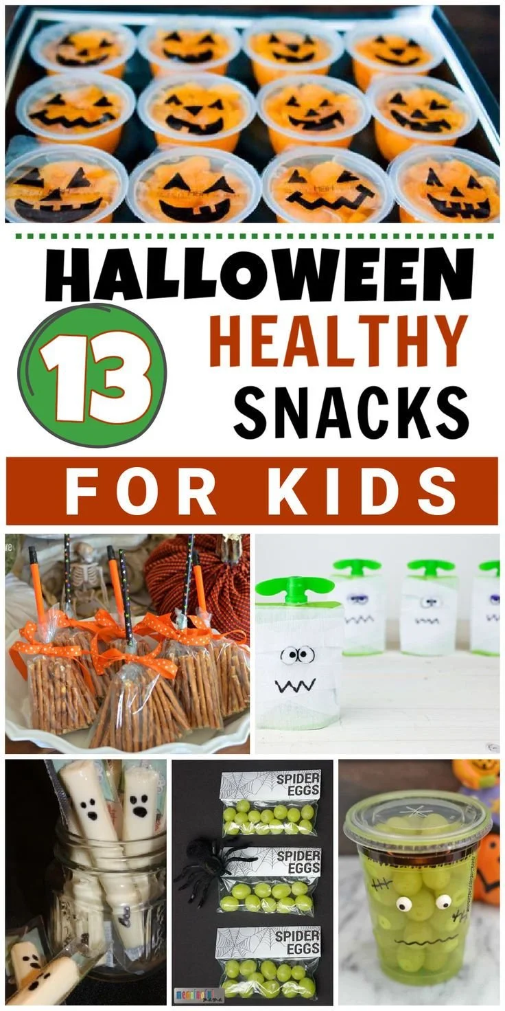 A variety of healthy Halloween snacks for kids, Halloween-themed fruits and veggies.
