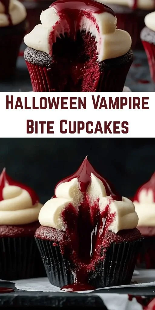 Halloween vampire bite cupcakes with red frosting and chocolate drizzle