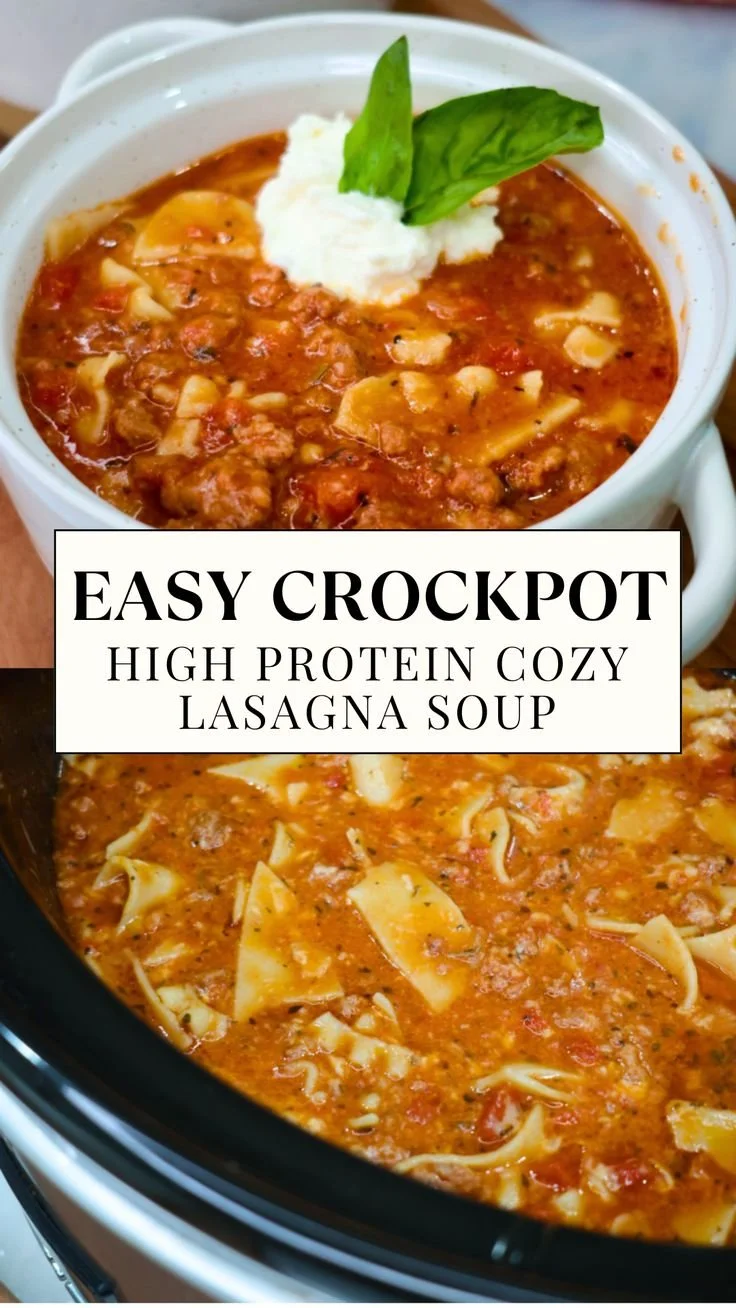 Healthy crockpot lasagna soup with high protein and gluten-free ingredients