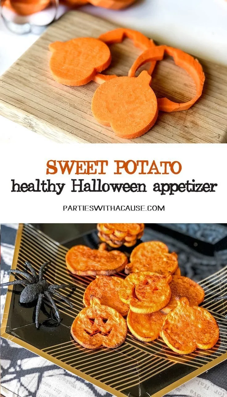 Spiced baked sweet potato rounds served as Halloween appetizers