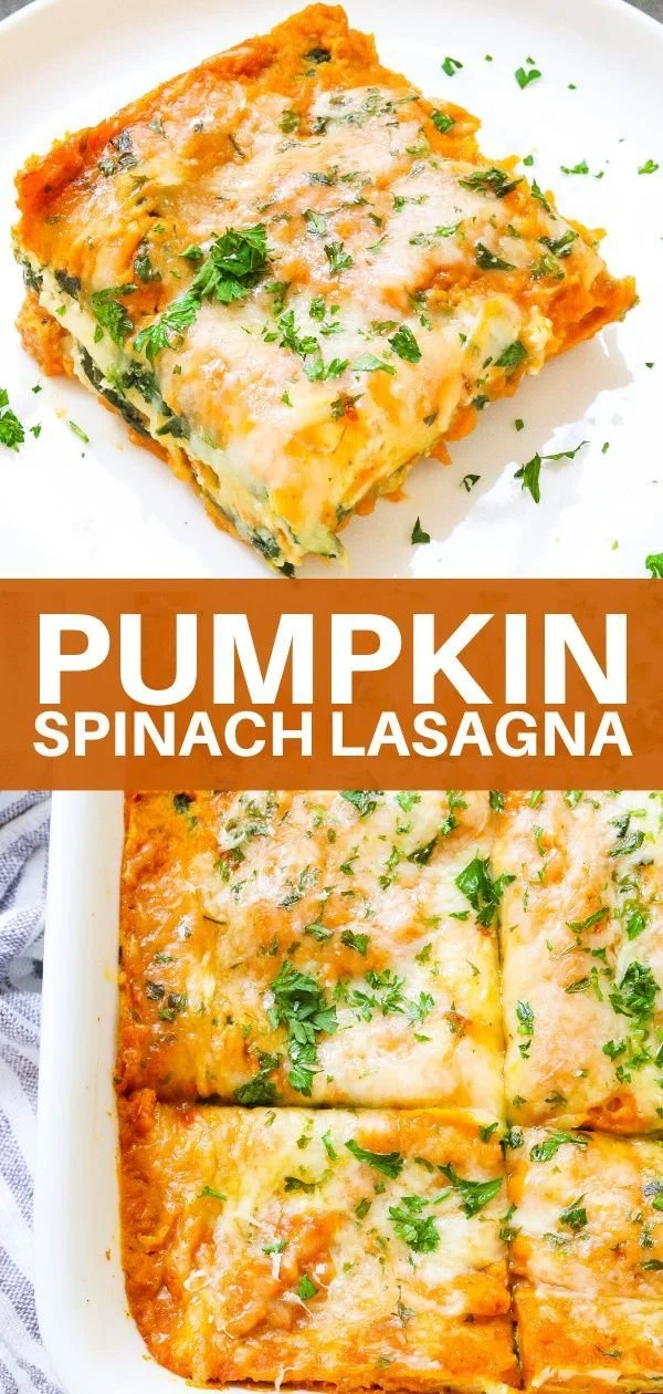 Healthy pumpkin spinach lasagna served in a dish, showcasing vibrant layers.