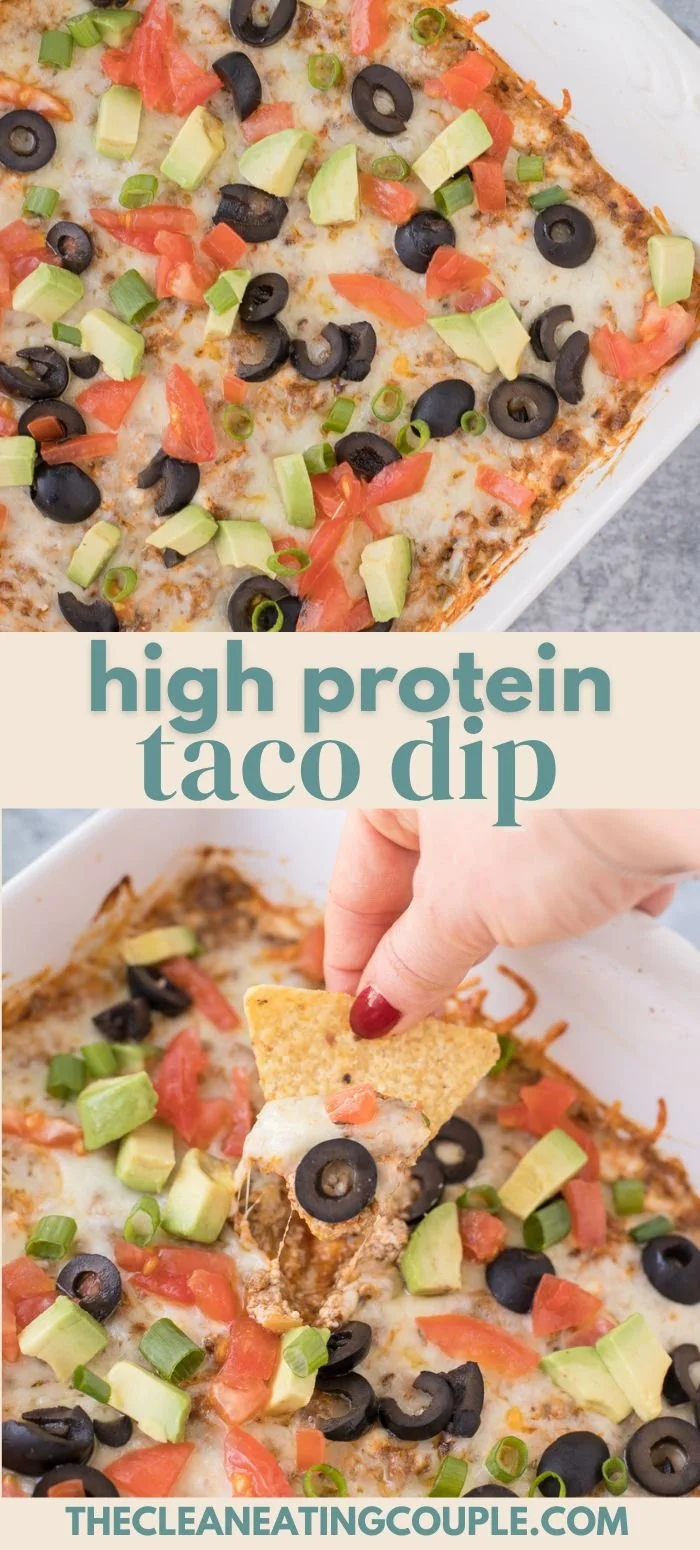 High protein taco dip served in a colorful bowl with toppings