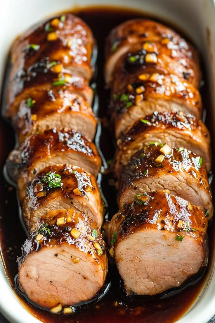 Delicious honey garlic pork tenderloin served with vegetables