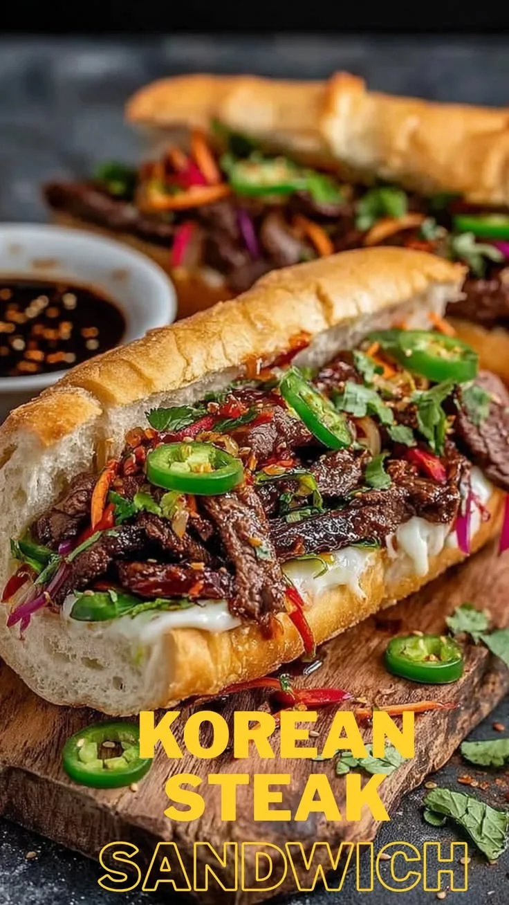 Delicious Korean steak sandwich topped with spicy sauce and fresh vegetables