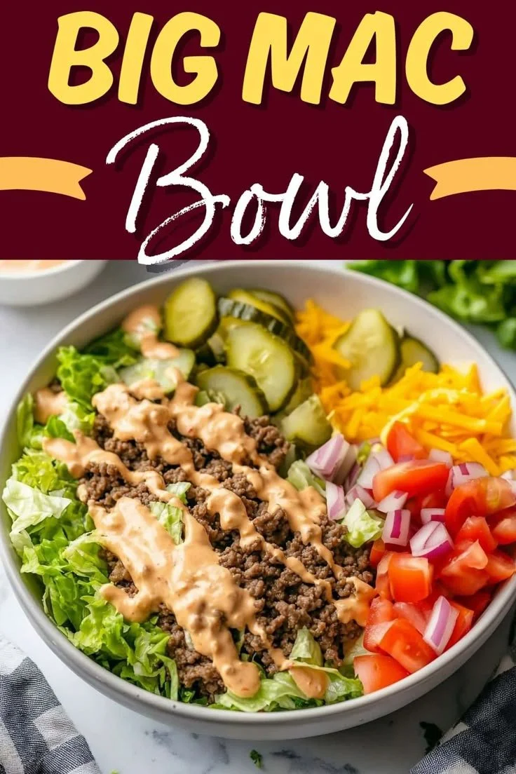 Low-Carb Big Mac Bowl with fresh ingredients and savory dressing