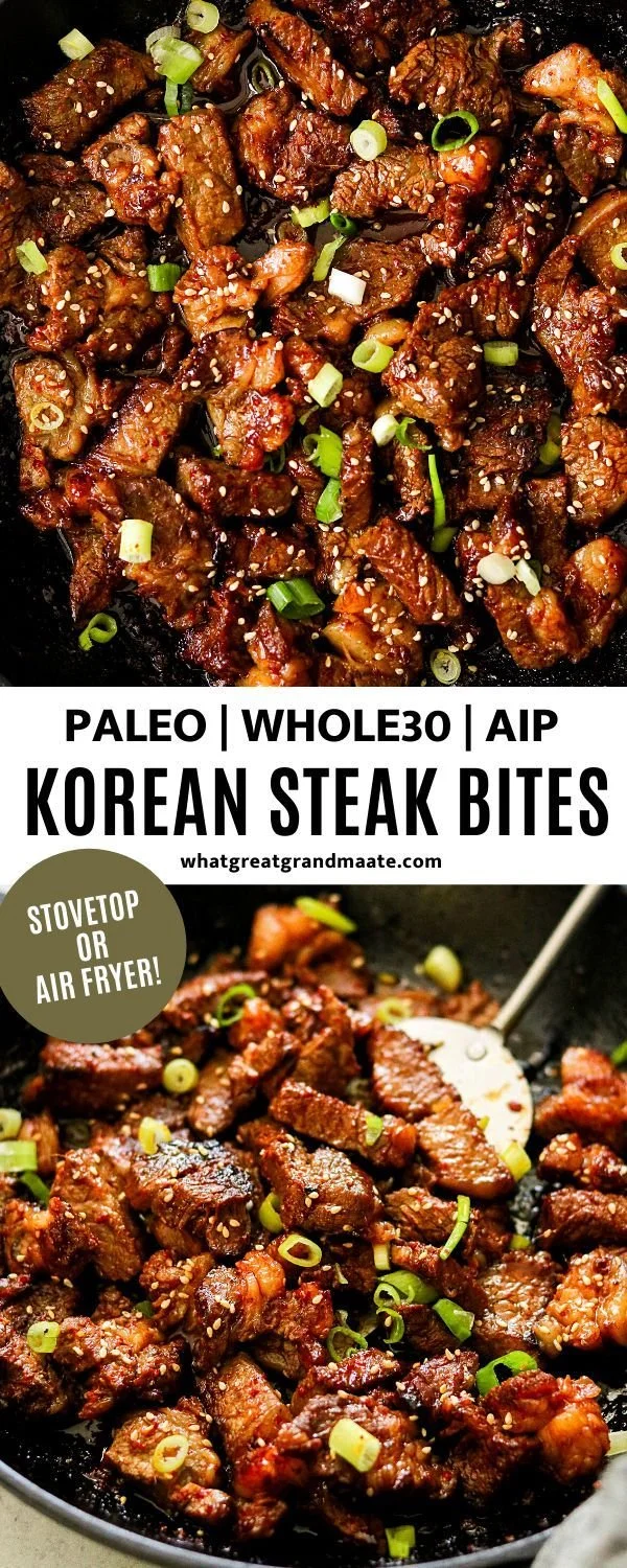 Paleo and Whole30 Korean Steak Bites in a skillet with vegetables