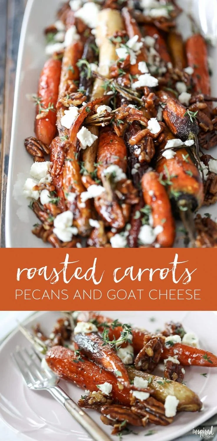 Roasted carrots with candied pecans and goat cheese, a delicious Thanksgiving side dish.