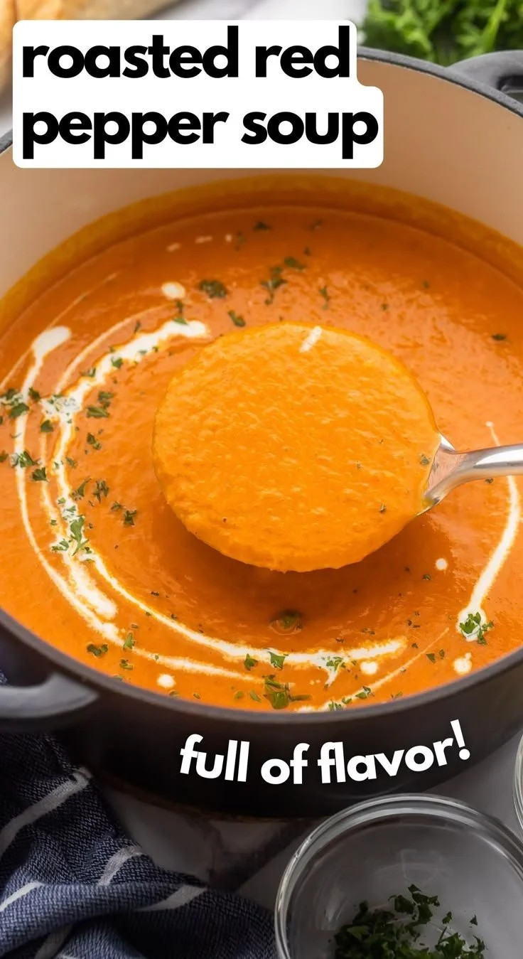 Bowl of creamy roasted red pepper soup garnished with herbs and spices
