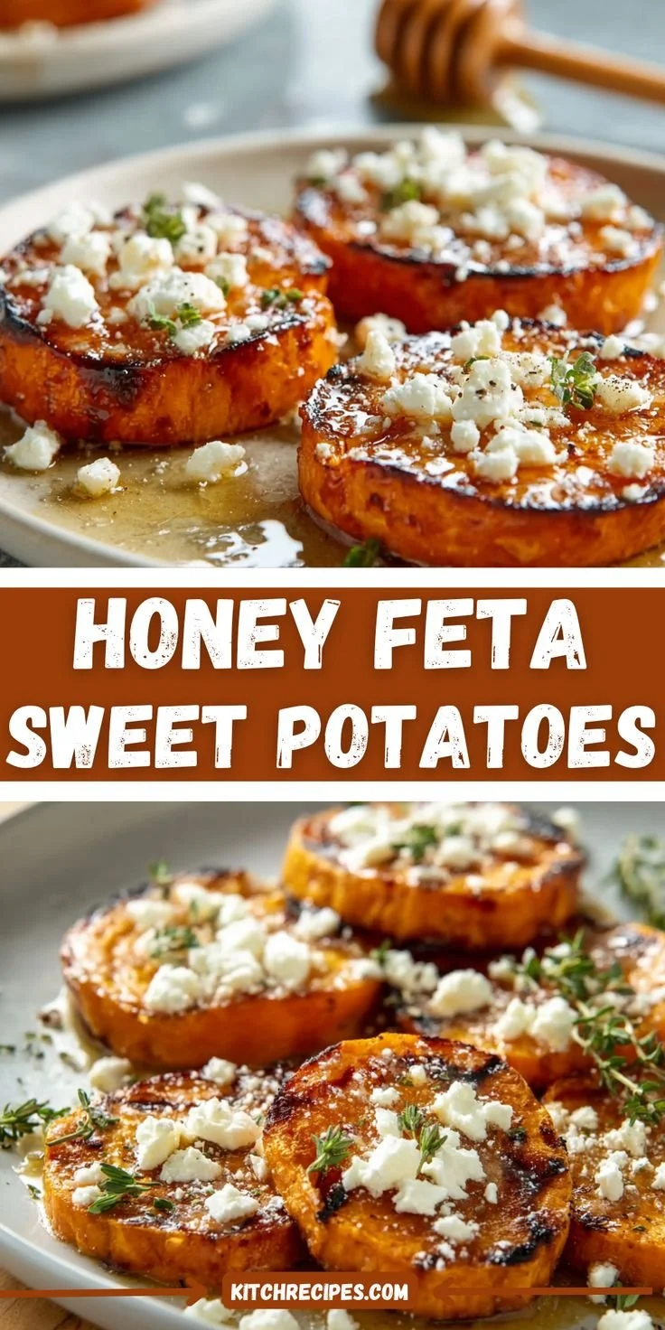 Roasted sweet potato rounds topped with honey and feta cheese for a tasty dish