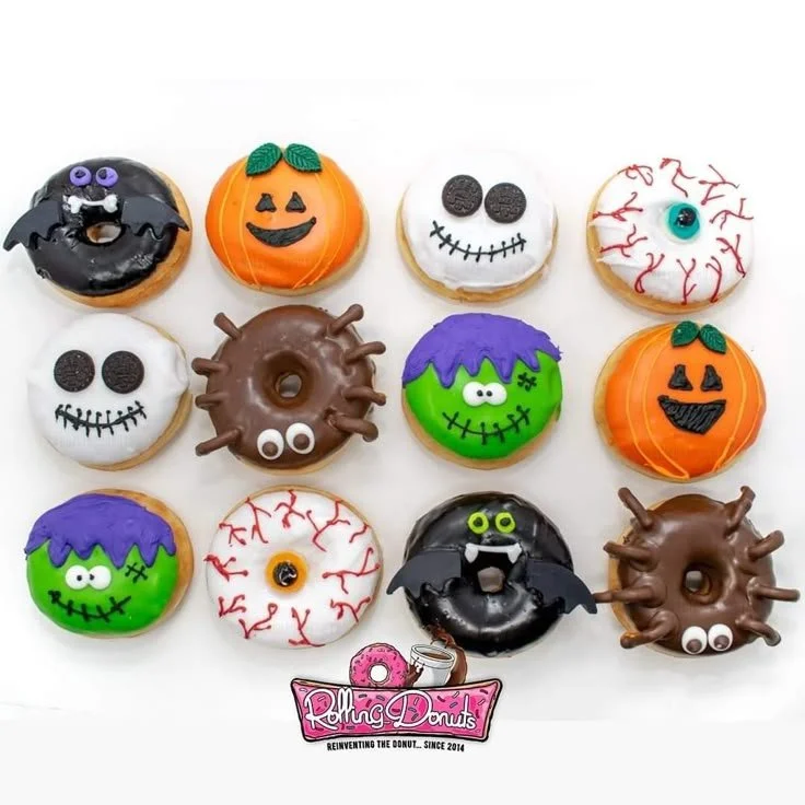 Spooky Halloween treats featuring mini donuts with creative decorations