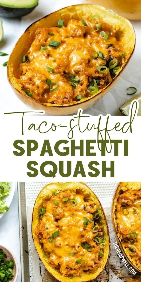 Taco Stuffed Spaghetti Squash filled with seasoned beef, cheese, and toppings