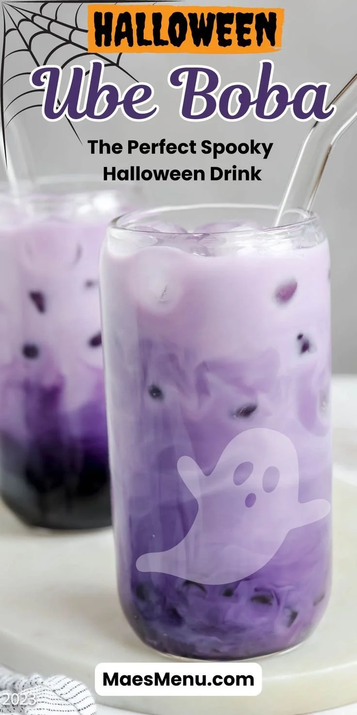 Ube Boba drink perfect for Halloween parties with vibrant purple color.