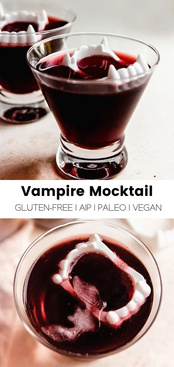 A spooky vampire mocktail with black magic and poison apple theme for Halloween.