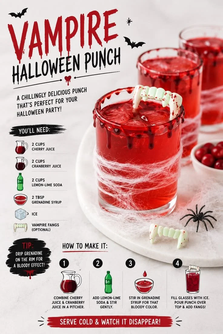 Vampire Halloween Punch served in a spooky glass with garnishes