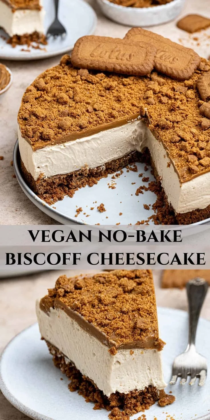 Vegan Biscoff cheesecake topped with Biscoff cookies, creamy and indulgent.