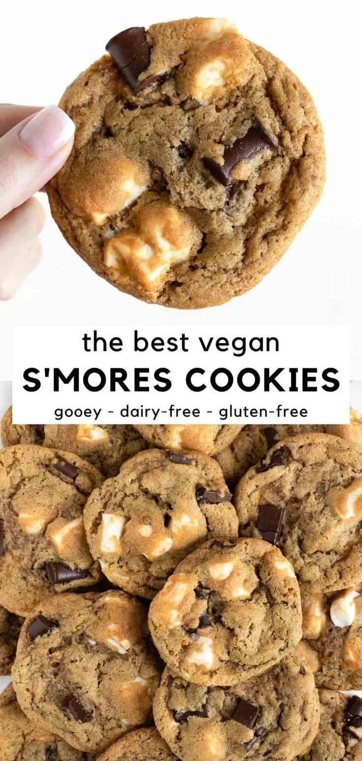 Plate of delicious Vegan S'mores Cookies with chocolate and marshmallows
