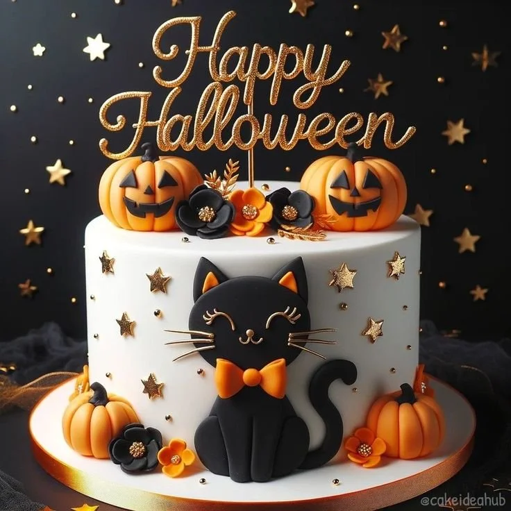 Whimsical Halloween cake decorated with golden pumpkins and a black cat figurine
