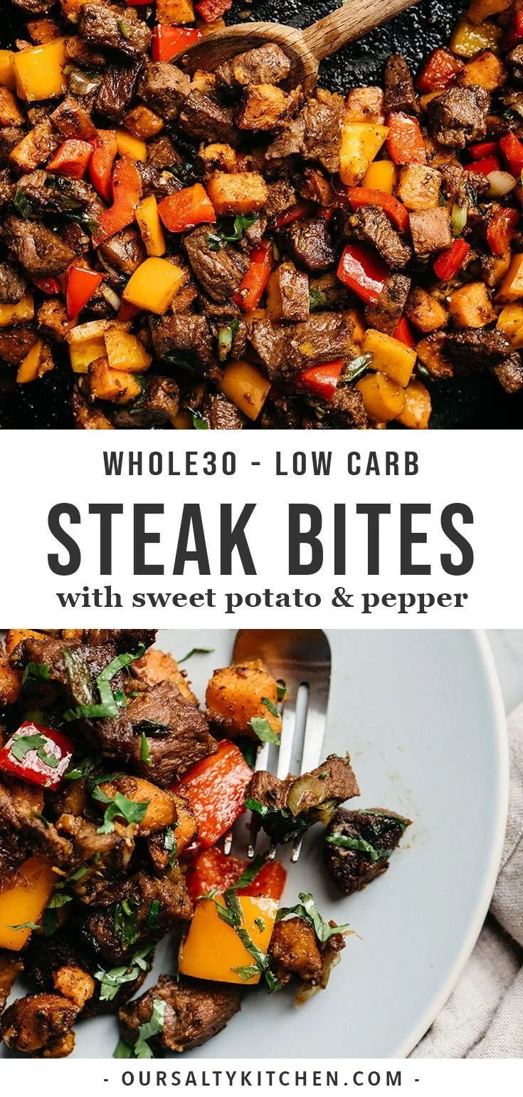 Whole30 steak bites with sweet potatoes and peppers on a plate