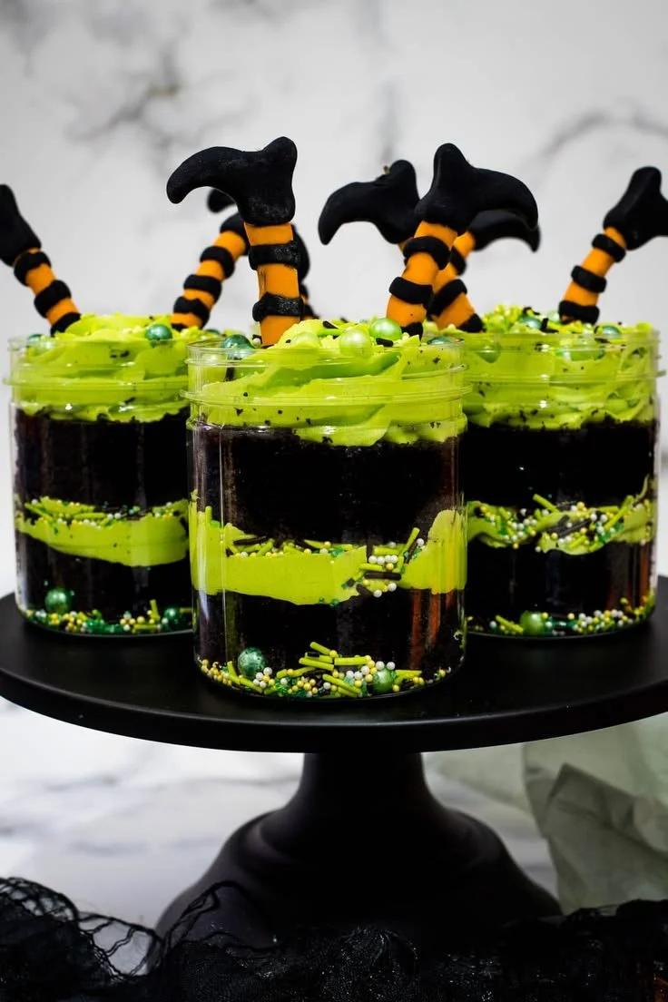 Witches Brew Halloween Cake Jars showcasing spooky dessert for Halloween