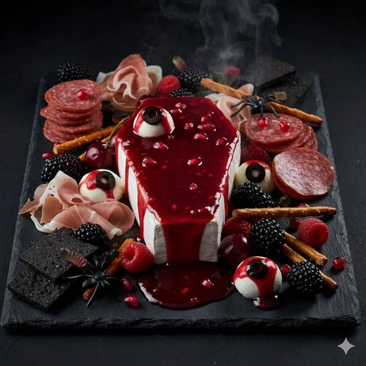 Delicious Halloween charcuterie board with festive decorations and spooky themes.